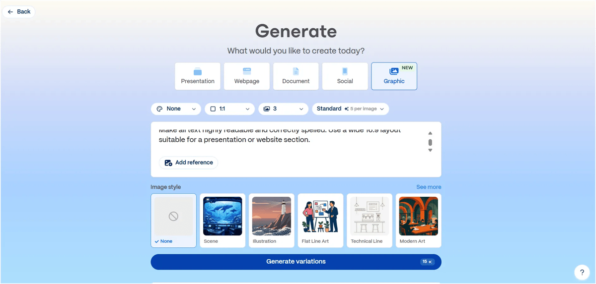 Gamma AI Graphic generator with image style, aspect ratio and credit settings