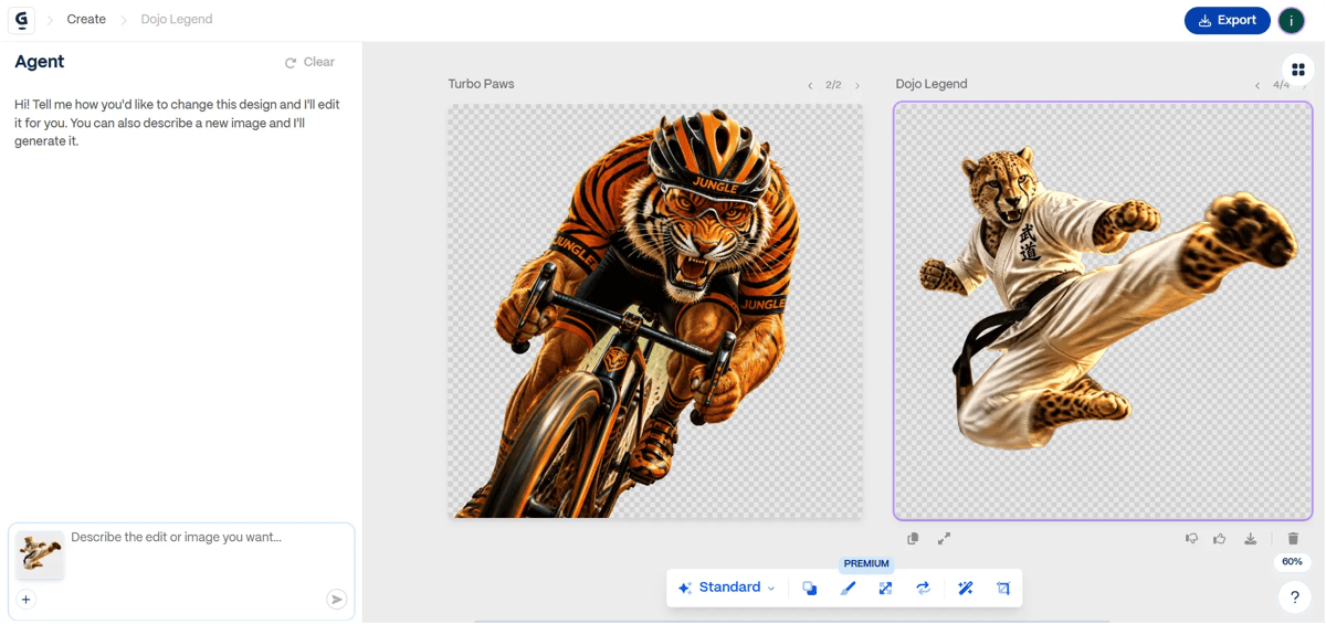 Gamma AI image editor showing generated tiger and cheetah images with background removed