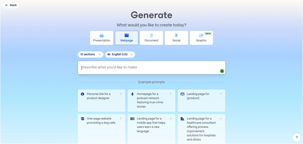 Gamma AI website builder Webpage option with prompt box and example prompts