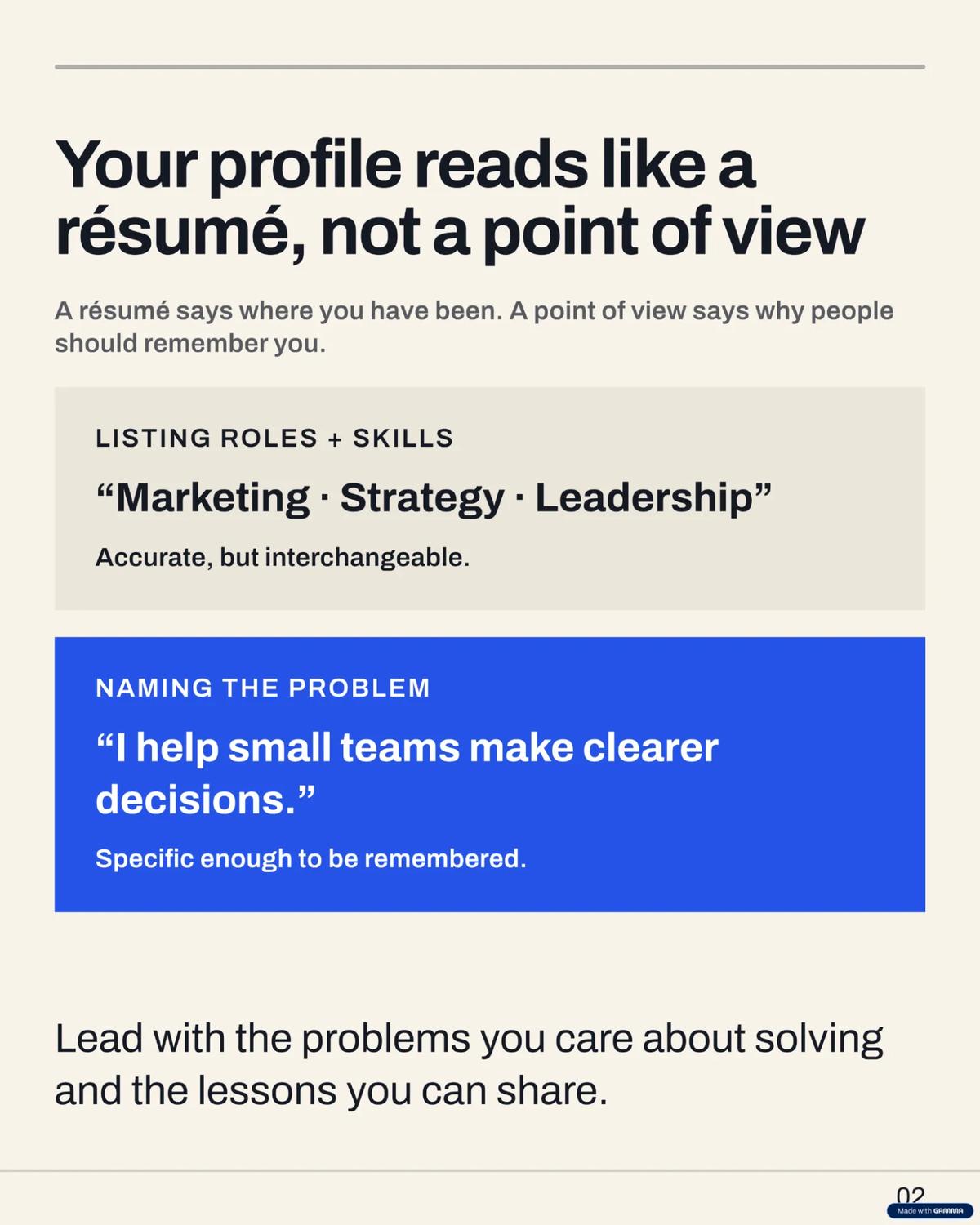 gamma carousel slide 2 your profile reads like a resume not a point of view