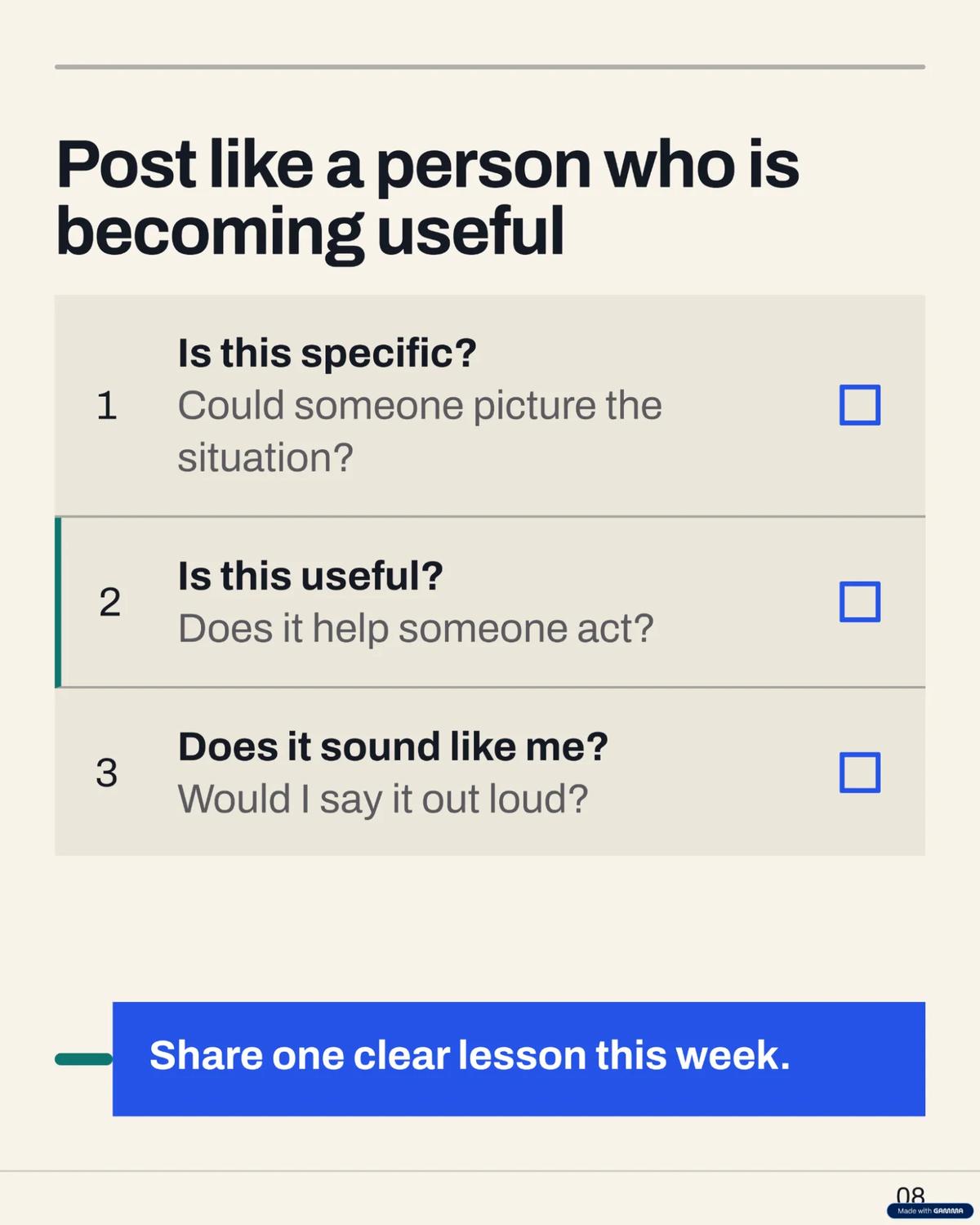 Gamma carousel slide 8 checklist for useful LinkedIn posts