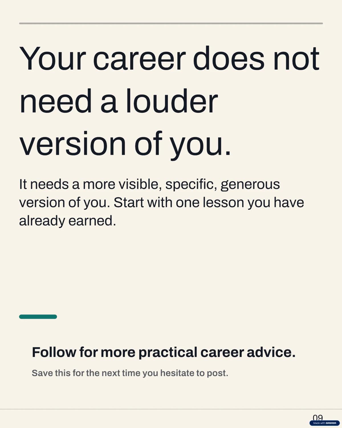 Gamma carousel slide 9 closing slide with a follow-for-career-advice CTA