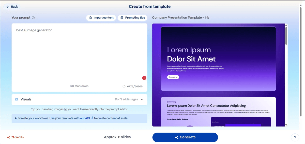 Gamma Create from Template screen with prompt box and template preview