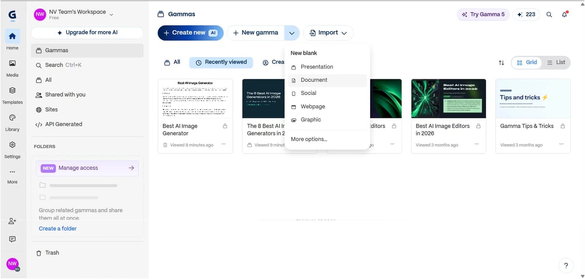 Gamma dashboard New gamma menu with the Document option selected