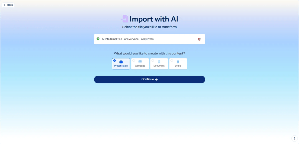 Gamma Import with AI from URL, choosing presentation, webpage, document or social