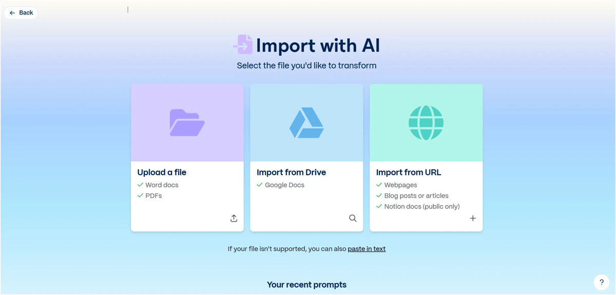 Gamma Import with AI options upload a file, import from Google Drive or URL
