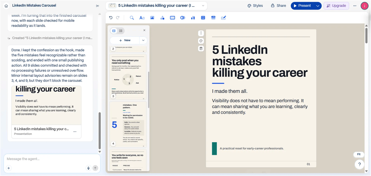 Gamma LinkedIn carousel editor showing the generated cover slide