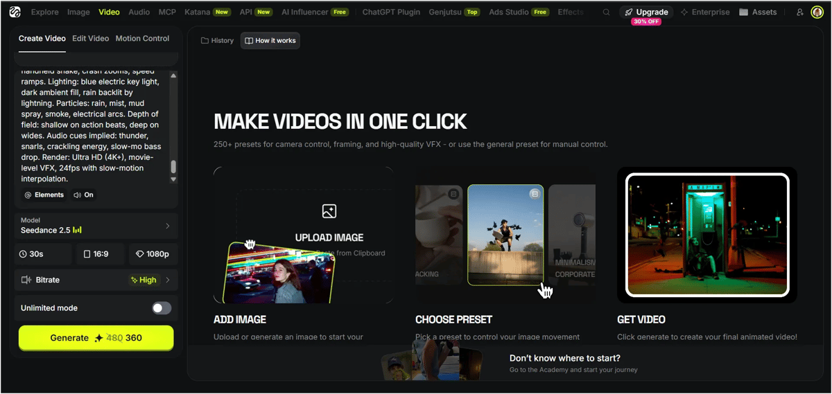 Screenshot Image of Higgsfield AI Video Generator Interface