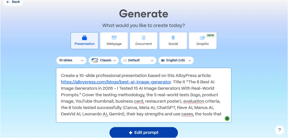Gamma AI presentation maker Generate screen with a 10-slide prompt