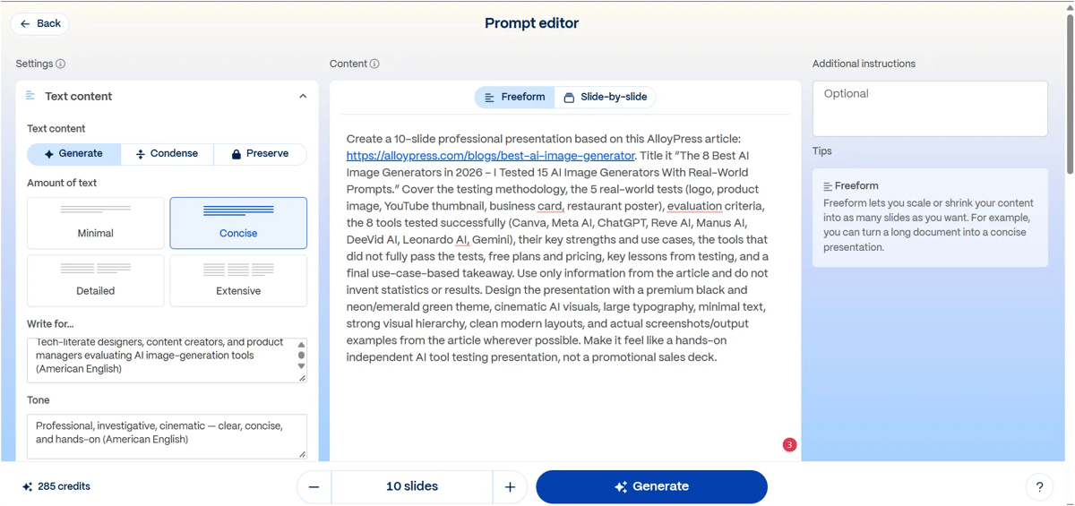 Gamma prompt editor with text amount, audience, tone and 10-slide Generate button