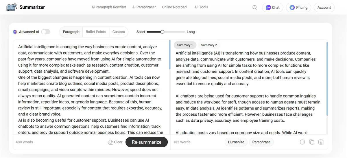 Summarizer.org AI text summarizer in Paragraph mode turning a 488-word article into a 152-word summary