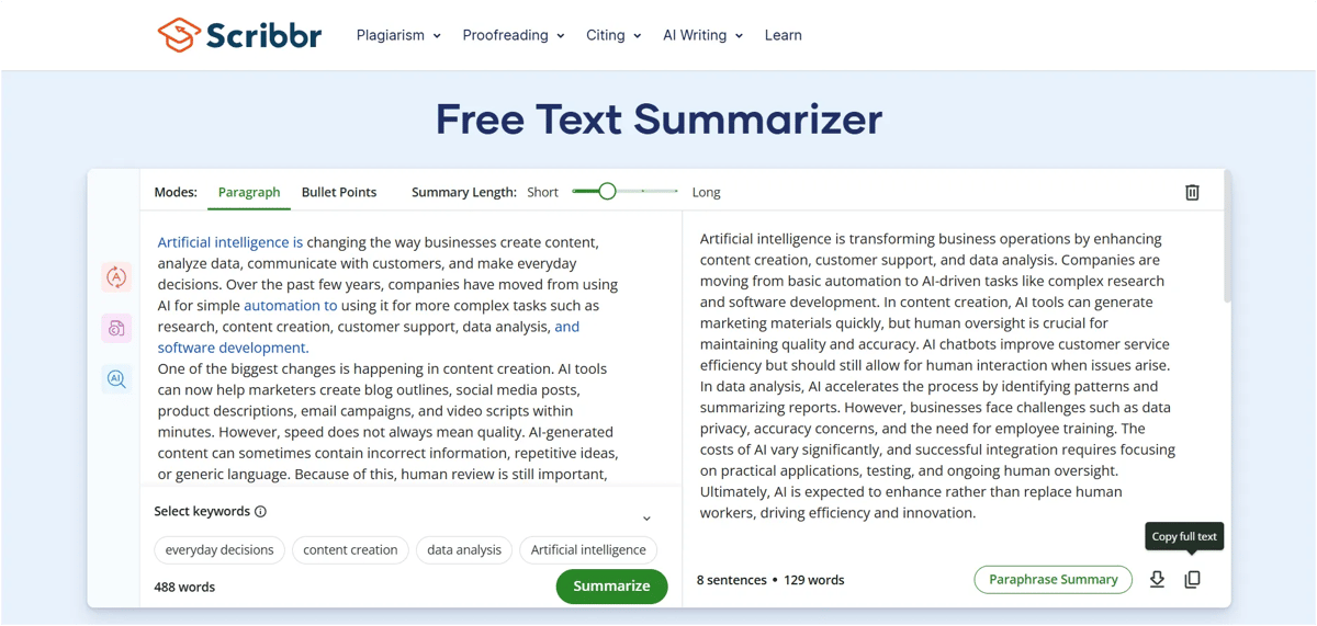 Scribbr free text summarizer turning a 488-word article into an 8-sentence, 129-word summary