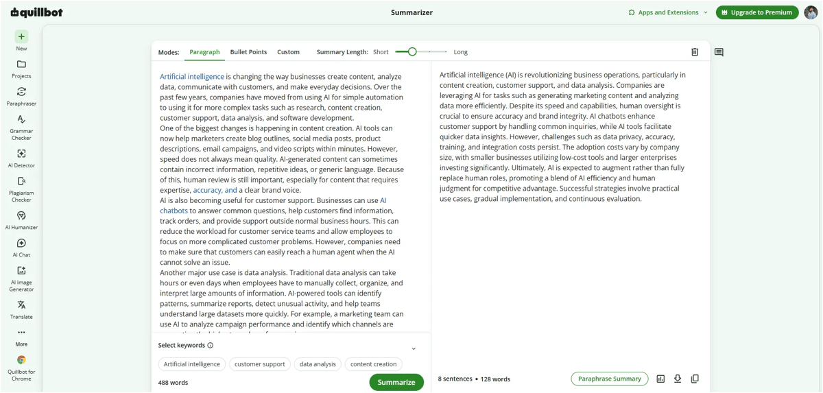 QuillBot AI summarizer in Paragraph mode turning a 488-word article into an 8-sentence, 128-word summary