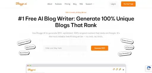 Screenshot image of Bloggr AI Home page - AI Blog Writer