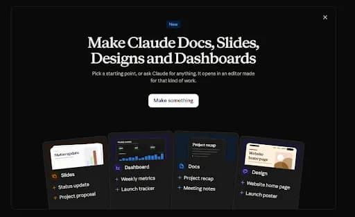 Claude artifacts start screen with Slides, Dashboard, Docs and Design templates