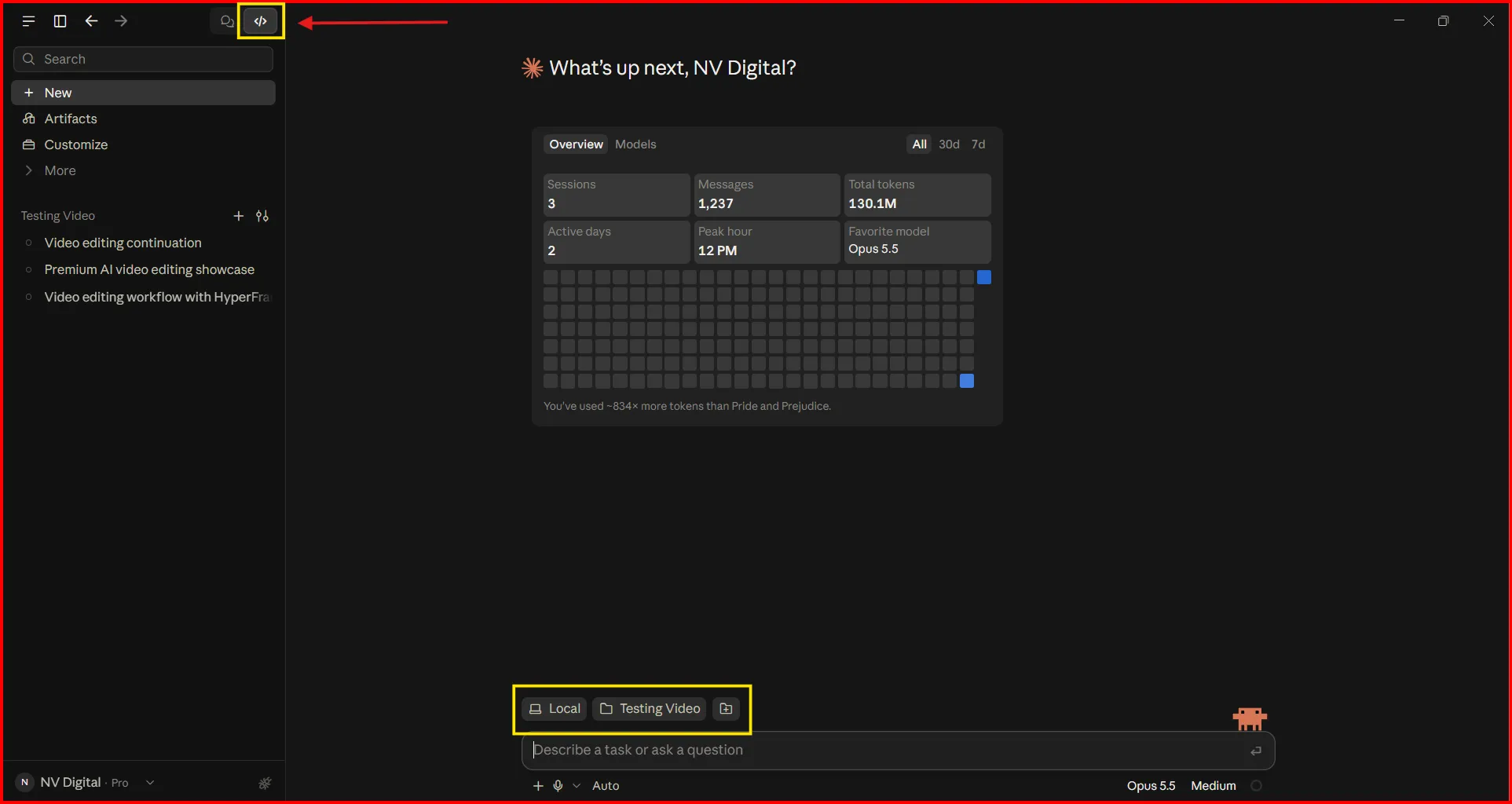 Claude desktop app with the Code option selected and the Local folder setup highlighted for AI video editing