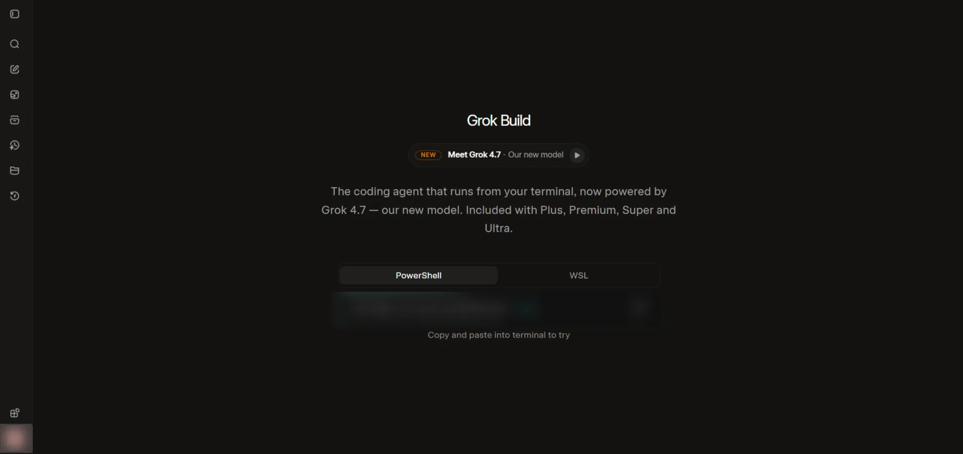 Grok Build install page showing PowerShell and WSL command options for the terminal coding agent