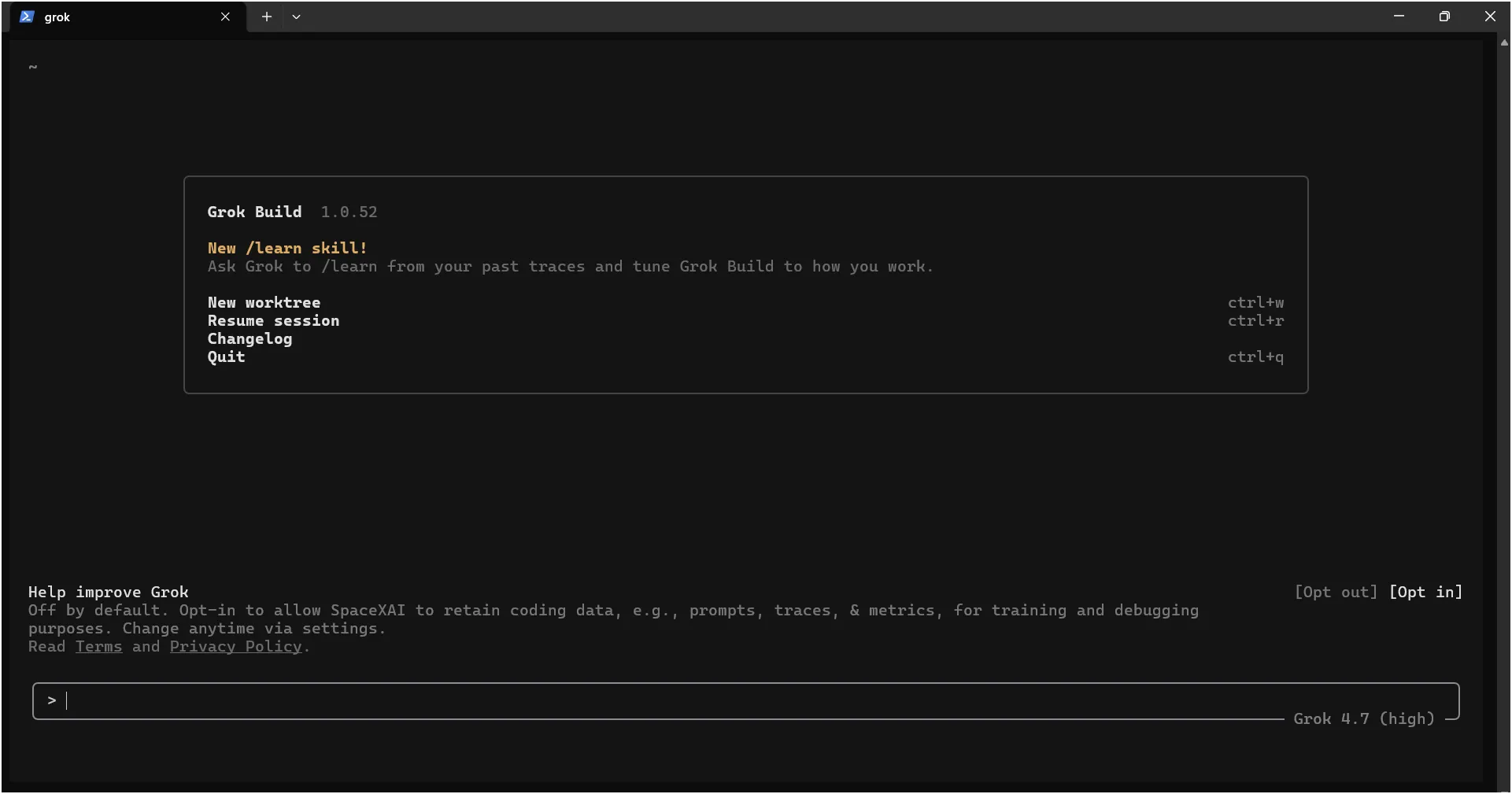 Grok Build terminal interface with the Grok 4.7 high model selected in the prompt box