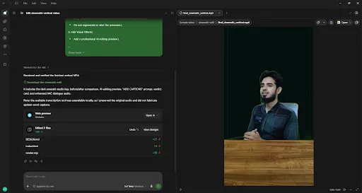 ChatGPT Codex rendering a vertical AI-edited video with a dark studio background replacing the green screen